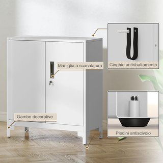 Armario para Documentos de Metal con Cerradura de Llave, Mueble de Oficina con 2 Puertas y 2 Estantes, Mueble Portadocumentos, para Casa Estudio Oficina Garaje, 80X35X91 Cm, Blanco