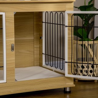 Jaula para Perros Tamaño Mediano y Grande Máx. 25 Kg Para Interior, Caseta para Perros Con 2 Puertas Bloqueables, Patas Regulables y Cojín Lavable, 90X58X65 Cm, Roble
