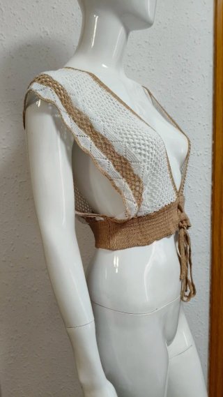 Conjunto de playa Crochet Beige y Blanco XL,