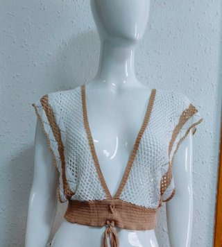 Conjunto de playa Crochet Beige y Blanco XL,