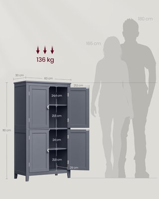 Mueble De Baño, Mueblecito De Baño, Credenza De Cocina, Armario Con 4 Puertas, Estantes Regulables, 30 X 60 X 110 Cm, Gris Pizarra BBC552G01