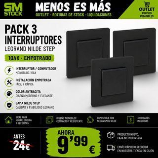 Pack 3 Interruptores Legrand Niloé Step Antracita