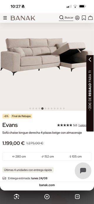 Sofá Chaise Longue 4 Plazas Beige con Almacenaje