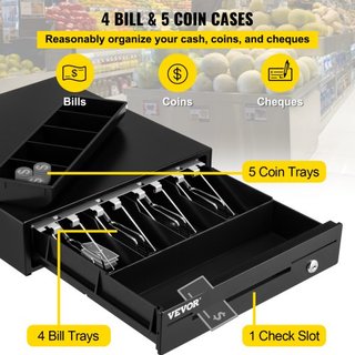 Cajón de Caja Registradora, 33 cm 12 V, para Sistema POS con 4 Bandejas de Billetes y 5 Bandejas de Monedas, Compartimento de Monedas Extraíble y 2 Llaves Incluidas, Cable RJ11/RJ12 para Supermerc...