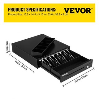 Cajón de Caja Registradora, 33 cm 12 V, para Sistema POS con 4 Bandejas de Billetes y 5 Bandejas de Monedas, Compartimento de Monedas Extraíble y 2 Llaves Incluidas, Cable RJ11/RJ12 para Supermerc...