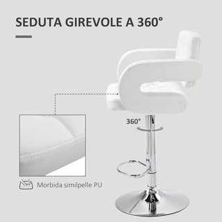 Taburete Alto de Bar con Respaldo y Apoyabrazos, Taburete de Cocina Moderno Giratorio con Altura Ajustable y Reposapiés, en Piel Sintética, 61X50X93-113Cm, Blanco