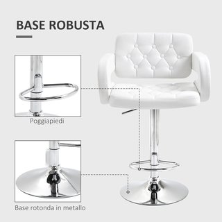 Taburete Alto de Bar con Respaldo y Apoyabrazos, Taburete de Cocina Moderno Giratorio con Altura Ajustable y Reposapiés, en Piel Sintética, 61X50X93-113Cm, Blanco