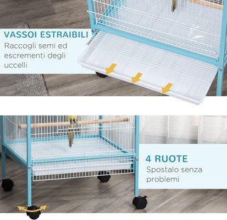Jaula para Aves 2 en 1 Voladera para Interiores Con 4 Ruedas Giratorias, Bandejas Extraíbles Y Contenedores de Plástico, 51.5X50X140 Cm, Azul