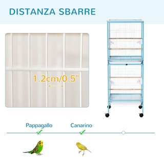 Jaula para Aves 2 en 1 Voladera para Interiores Con 4 Ruedas Giratorias, Bandejas Extraíbles Y Contenedores de Plástico, 51.5X50X140 Cm, Azul