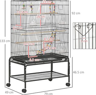 Jaula para Aves de Acero con Posaderos, Juguetes, Contenedores para Comida y Bandeja Extraíble, 79X49X133 Cm, Negro