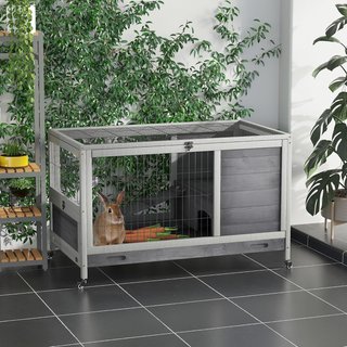 Jaula para Conejos y Cobayas con 4 Ruedas, Casita, Rampa y Bandeja Extraíble, Madera Natural, Gris y Blanco, 90X53X59 Cm