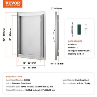 Puerta de Acceso para BBQ, Puerta de Cocina Exterior Individual de 407x559 mm, Puerta de Montaje Flush de Acero Inoxidable, Puerta Vertical de Pared con Mango, para Isla de BBQ, Estación de Asado,...