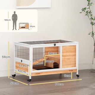 Jaula para Conejos y Cobayas con 4 Ruedas, Casita, Rampa y Bandeja Extraíble, Madera Natural, Amarillo, 90X53X59 Cm