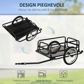 Carrito de Bicicleta con Paredes Plegables y Removibles, Gancho Universal y 2 Catadióptricos, Remolque para Bicicleta de Acero y PE, 139X71.5X49 Cm, Negro