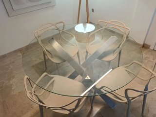 Mesa Comedor Cristal y Acero + 4 Sillas