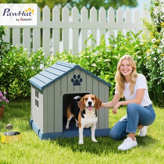 Caseta para Perros de Plástico para Exterior Impermeable, Casita para Perros de Tamaño Mediano con Base Elevada, Ventanas y Techo para Jardín, Patio, Terraza, Casa e Interior, 85X79X82 Cm, Gris