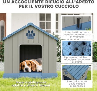 Caseta para Perros de Plástico para Exterior Impermeable, Casita para Perros de Tamaño Mediano con Base Elevada, Ventanas y Techo para Jardín, Patio, Terraza, Casa e Interior, 85X79X82 Cm, Gris