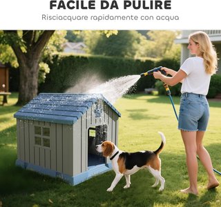 Caseta para Perros de Plástico para Exterior Impermeable, Casita para Perros de Tamaño Mediano con Base Elevada, Ventanas y Techo para Jardín, Patio, Terraza, Casa e Interior, 85X79X82 Cm, Gris