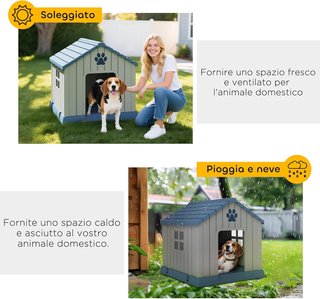 Caseta para Perros de Plástico para Exterior Impermeable, Casita para Perros de Tamaño Mediano con Base Elevada, Ventanas y Techo para Jardín, Patio, Terraza, Casa e Interior, 85X79X82 Cm, Gris