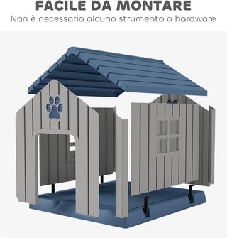 Caseta para Perros de Plástico para Exterior Impermeable, Casita para Perros de Tamaño Mediano con Base Elevada, Ventanas y Techo para Jardín, Patio, Terraza, Casa e Interior, 85X79X82 Cm, Gris