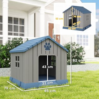 Caseta para Perros de Plástico para Exterior Impermeable, Casita para Perros de Tamaño Mediano con Base Elevada, Ventanas y Techo para Jardín, Patio, Terraza, Casa e Interior, 85X79X82 Cm, Gris