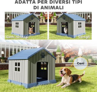 Caseta para Perros de Plástico para Exterior Impermeable, Casita para Perros de Tamaño Mediano con Base Elevada, Ventanas y Techo para Jardín, Patio, Terraza, Casa e Interior, 85X79X82 Cm, Gris