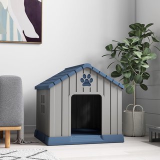 Caseta para Perros de Plástico para Exterior Impermeable, Casita para Perros de Tamaño Mediano con Base Elevada, Ventanas y Techo para Jardín, Patio, Terraza, Casa e Interior, 85X79X82 Cm, Gris
