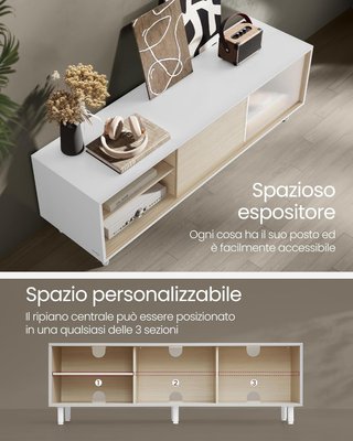 Montaje Rápido Sin Herramientas, Mueble TV para Televisor de Hasta 60 Pulgadas, para Sala de Estar, Vidrio Estriado, Moderno, 140 X 39 X 45 Cm, Blanco Nube y Beige Natural LTV466W01