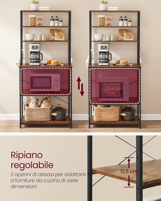 Estante de Cocina con Toma de Corriente, Soporte para Microondas, Organizador de 6 Estantes con 6 Ganchos para Bar, de Acero, 40 x 60 x 167 cm, Marrón Vintage y Negro Tinta KKS124K01