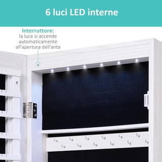 Espejo Joyero Con 6 Luces LED Y Espacios Dedicados Para Accesorios, Armario Joyero Con Espejo De Madera Y Vidrio, 37X10X120 Cm, Color Madera Blanca