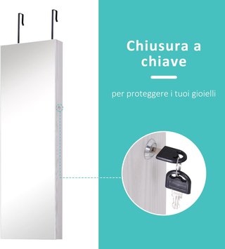 Espejo Joyero Con 6 Luces LED Y Espacios Dedicados Para Accesorios, Armario Joyero Con Espejo De Madera Y Vidrio, 37X10X120 Cm, Color Madera Blanca