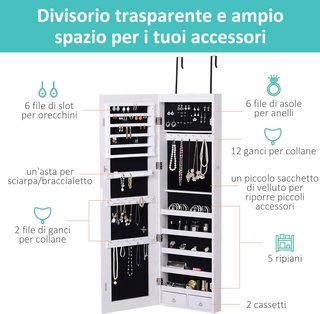 Espejo Joyero Con 6 Luces LED Y Espacios Dedicados Para Accesorios, Armario Joyero Con Espejo De Madera Y Vidrio, 37X10X120 Cm, Color Madera Blanca