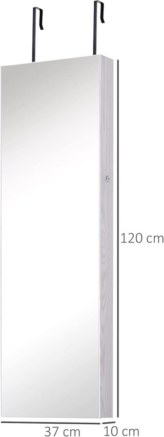 Espejo Joyero Con 6 Luces LED Y Espacios Dedicados Para Accesorios, Armario Joyero Con Espejo De Madera Y Vidrio, 37X10X120 Cm, Color Madera Blanca