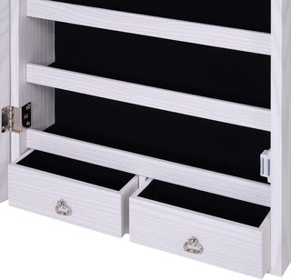 Espejo Joyero Con 6 Luces LED Y Espacios Dedicados Para Accesorios, Armario Joyero Con Espejo De Madera Y Vidrio, 37X10X120 Cm, Color Madera Blanca