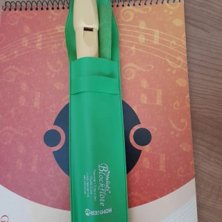 Flauta escolar Hohner, junto con la libreta de mús