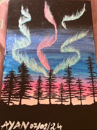 Pintura Aurora Boreal y Bosque