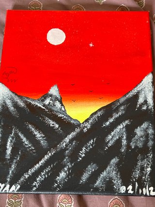 Pintura de paisaje montañoso al atardecer