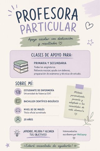 PROFESORA PARTICULAR QUART DE POBLET Y VALENCIA.