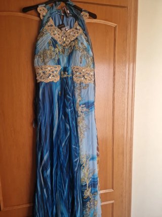 Vestido fiesta azul y dorado talla L Sin estrenar