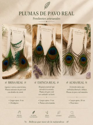 Pendientes pluma pavo real artesanales