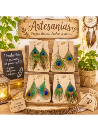 Pendientes pluma pavo real artesanales