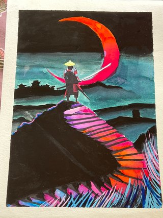 Pintura Samurai Luna Roja