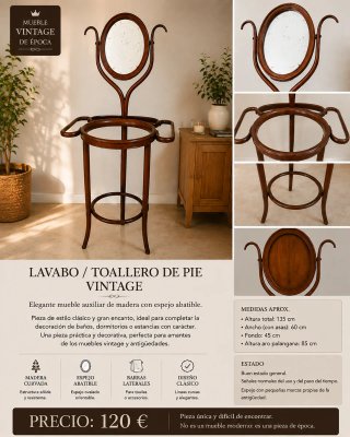 Lavabo/Toallero Pie Vintage Madera Espejo Abatible