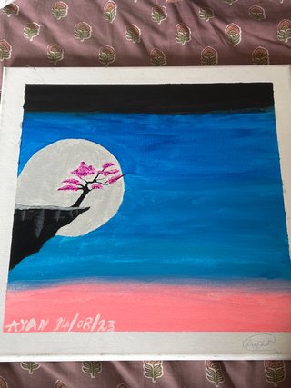 Pintura Luna y árbol rosa