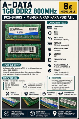Memoria RAM A-DATA DDR2 1GB Portátil