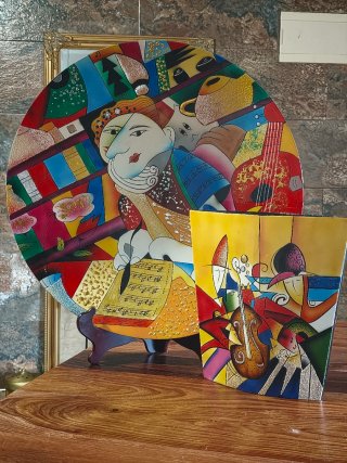 Cuadro italiano único multicolor+ jarrón de madera
