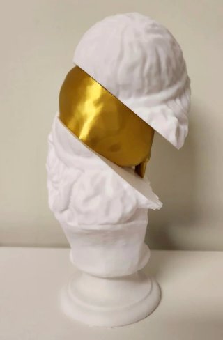 Escultura moderna cabeza busto calavera dorada