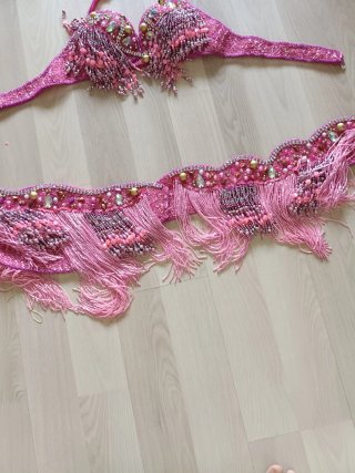 Traje Danza Oriental/Vientre Rosa y Dorado