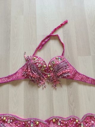 Traje Danza Oriental/Vientre Rosa y Dorado