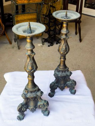 Pareja Candelabros Hacheros Antiguos Bronce